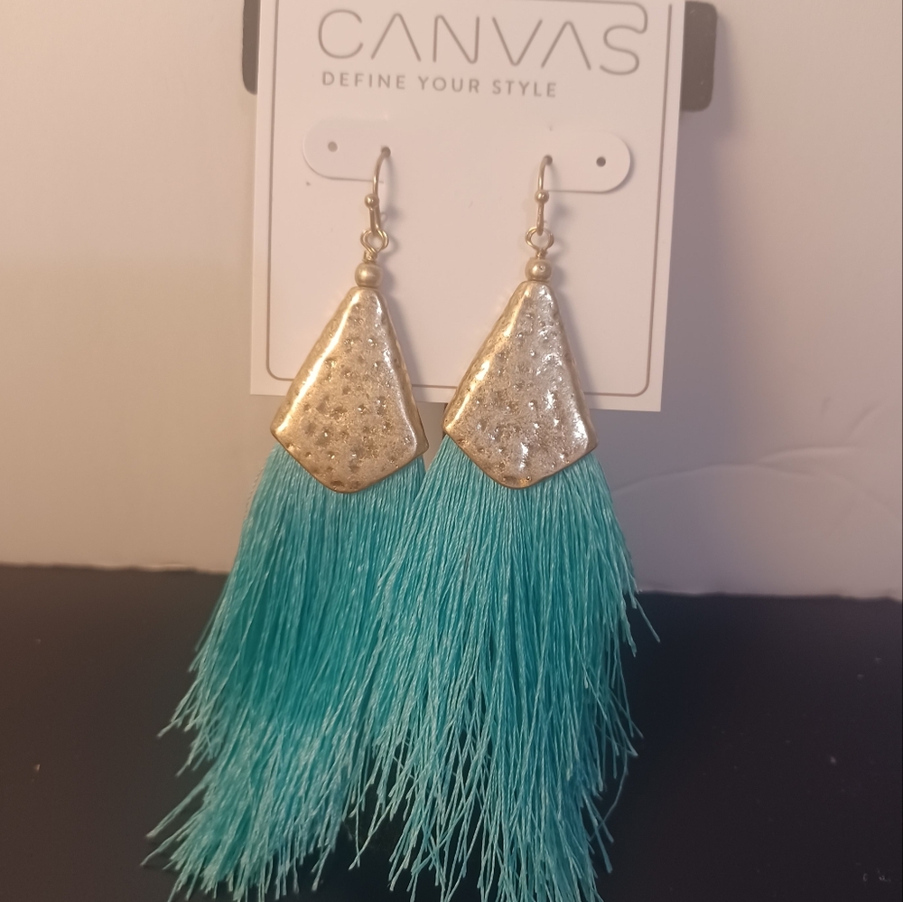 Bella Canvas Gold and Blue Tassel Earrings - Picture 6 of 6